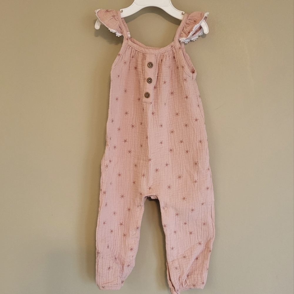 Emily and Oliver blush pink seersucker romper